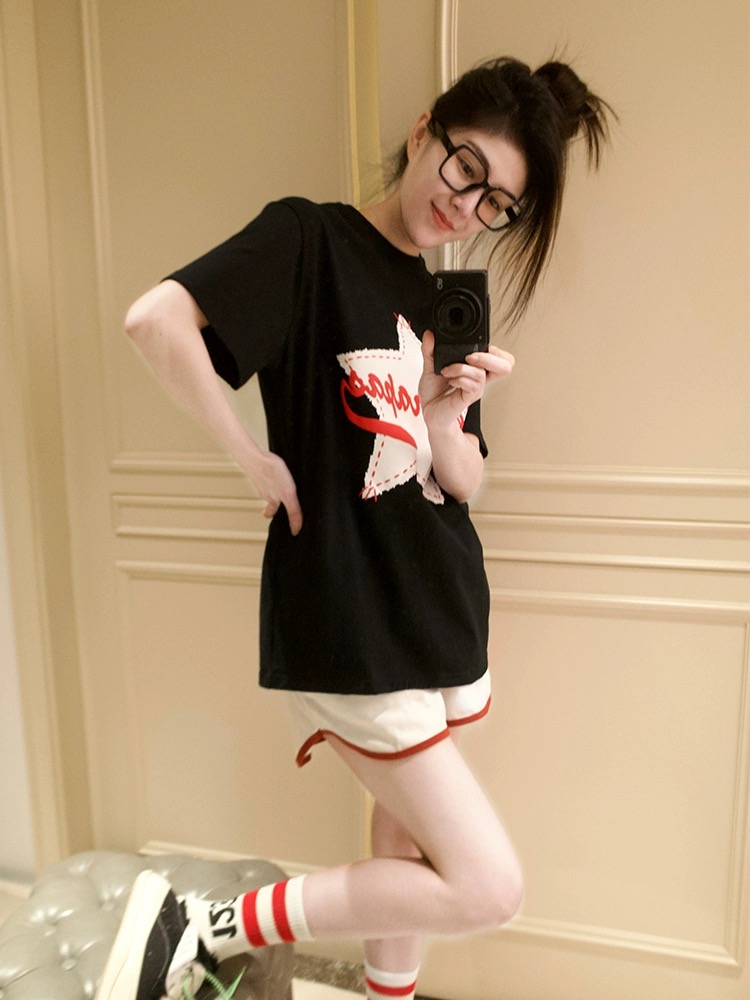 官圖 重磅/精梳純棉 後包領 有縫邊 S-XXXL 夏裝短袖T恤女