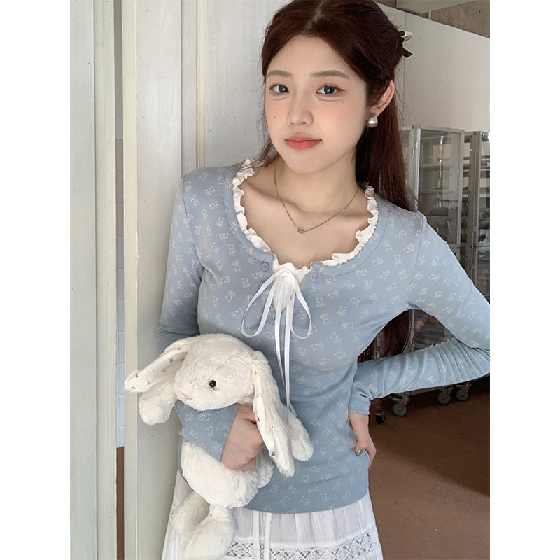 Real shot of autumn and winter slim fit plus velvet and thickened chic bottoming shirt 2023 new lace stitching bear print top
