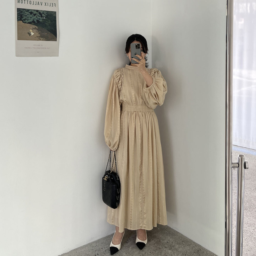 French elegant stand-up collar embroidered jacquard design pleated waist slimming lantern sleeve long dress