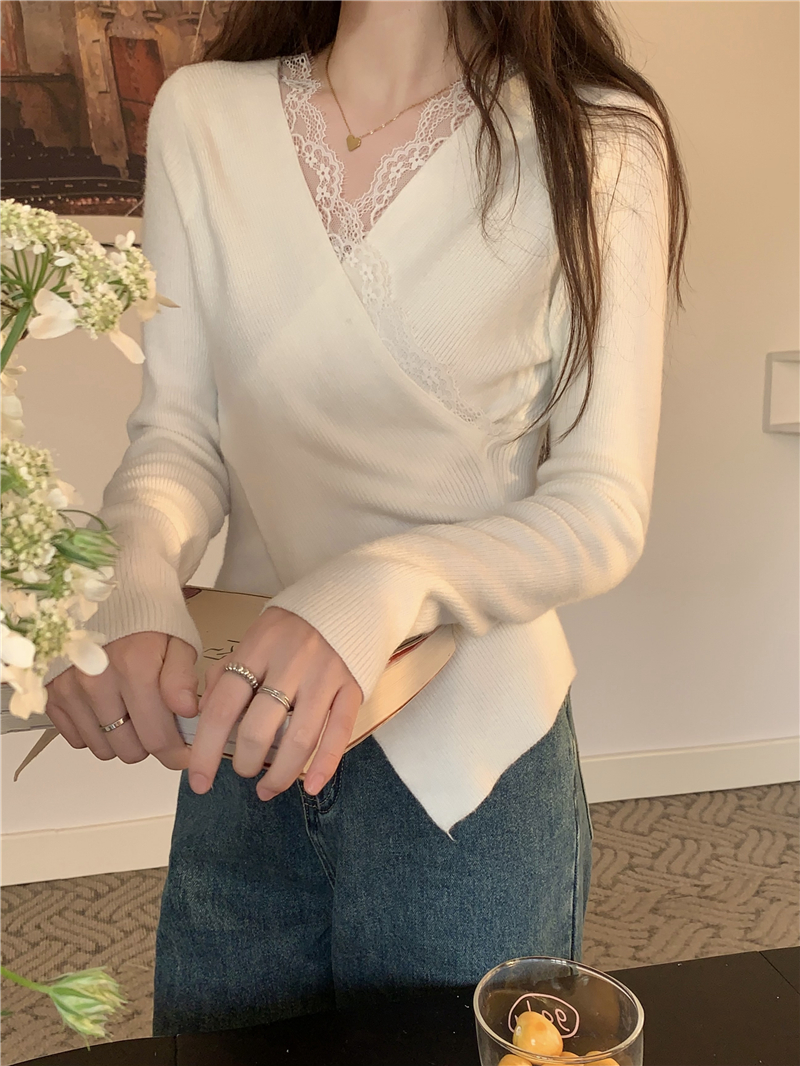 Actual shot of new style French cross design pure lust lace trim showing clavicle slim fit sweater for women