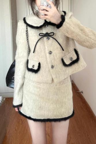 Xiaoxiangfeng bow striped doll collar short coat for women winter quilted woolen skirt suit