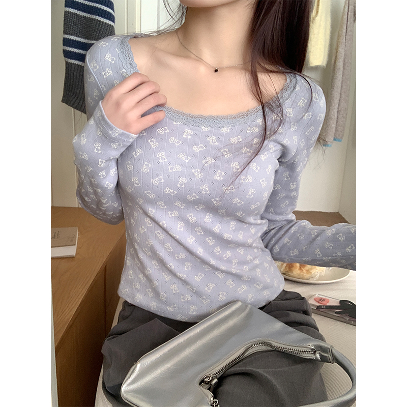 Real shot of pure lust style bear long-sleeved hollow knitted T-shirt for women 2023 autumn and winter lace niche chic top