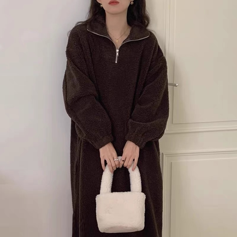 韓國chic秋冬復古慵懶風立領拉鏈寬鬆休閒長款羊羔毛連衣裙女