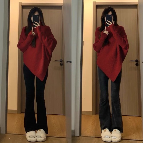 Irregular turtleneck sweater for women  autumn and winter new style gentle Korean New Year red lazy style thickened