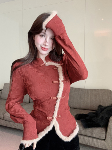 Real shot!  New Chinese style long-sleeved shirt for women plush splicing design irregular button top 2387
