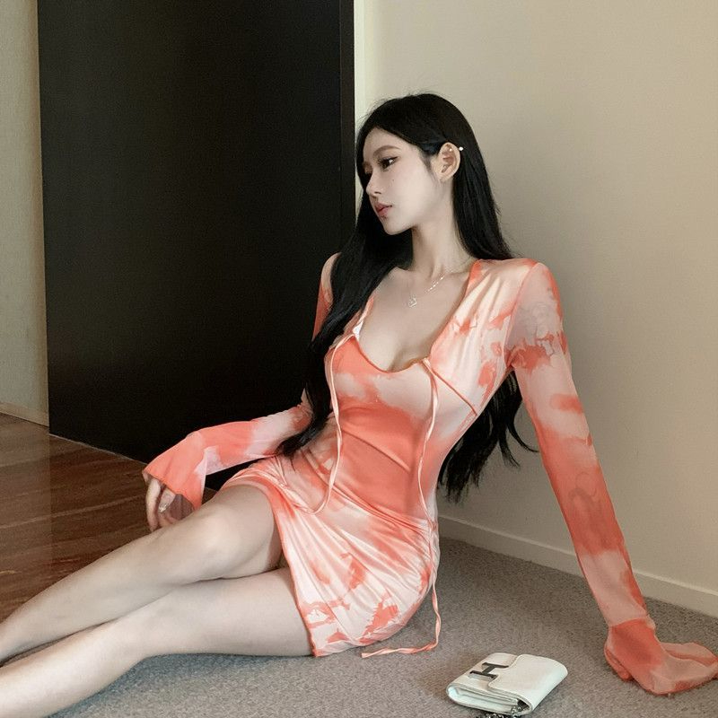 Pure Desire Hot Girl Sexy Breast Revealing Slim Fit Hip Covering Dress Women 2023 Autumn and Winter New Tie Dye Long Sleeve Hip Covering Short Skirt