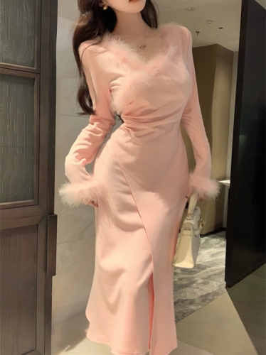 Actual shot of autumn and winter petite pink knitted dress with fluffy stitching and elegant bottoming long skirt
