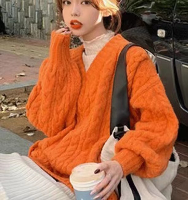 韓版V領加厚麻花毛衣女秋冬寬鬆外穿慵懶風設計感小眾保暖針織衫