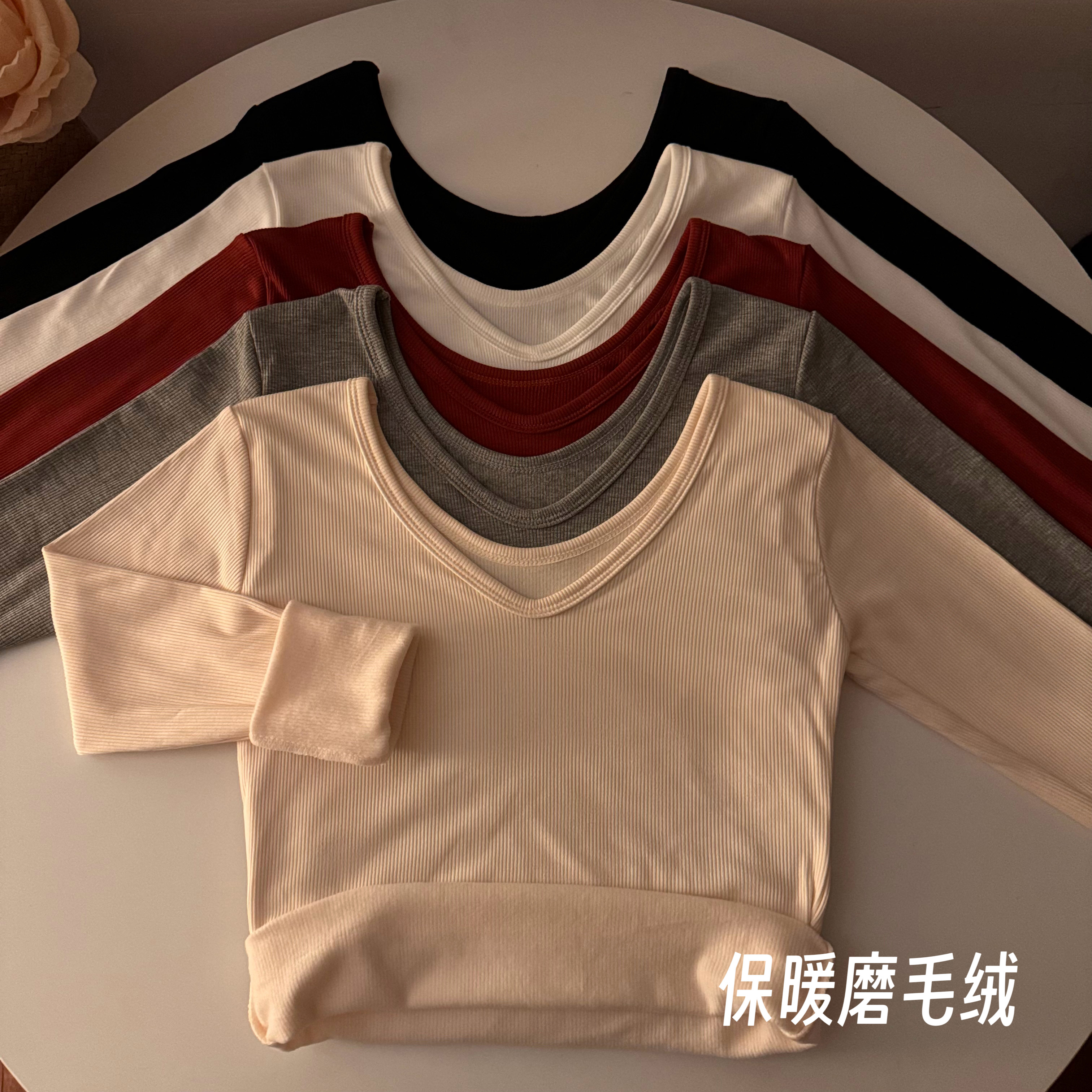 Real shot of autumn and winter warm brushed plus velvet thickened V-neck inner layering shirt slim long-sleeved top for women