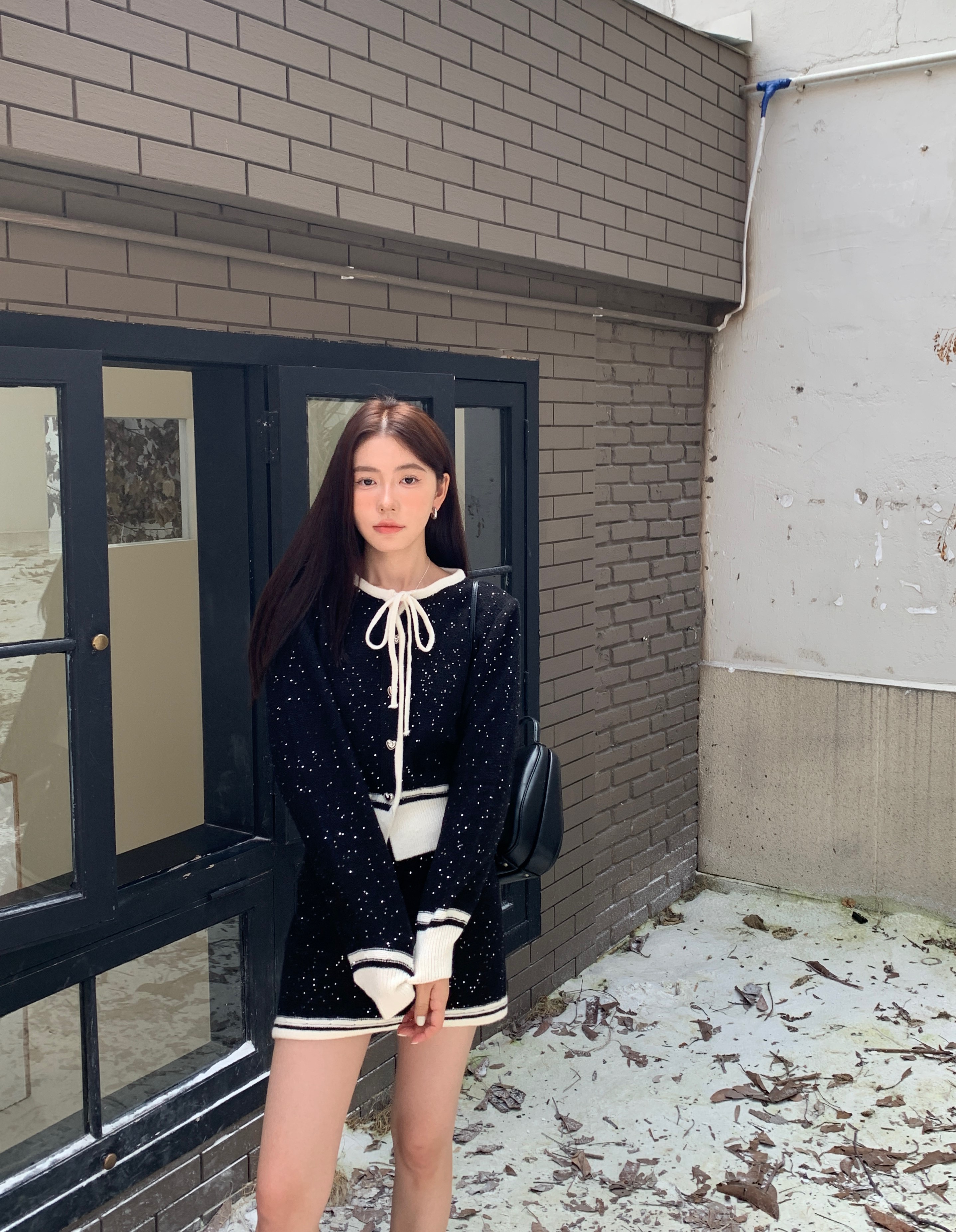 Real shot Korean style versatile blingbling sequined sweater suit
