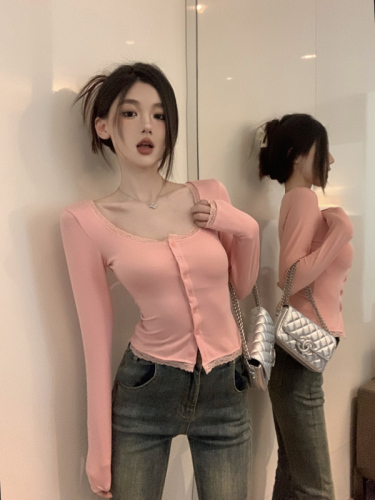 Real shot of designer niche brushed dyed lace long-sleeved bottoming T-shirt top for women