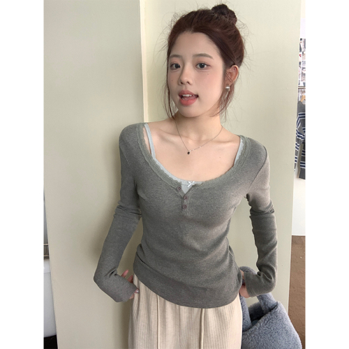 Real shot of lace short style with floral long-sleeved T-shirt 2023 autumn and winter new style comfortable bottoming shirt top