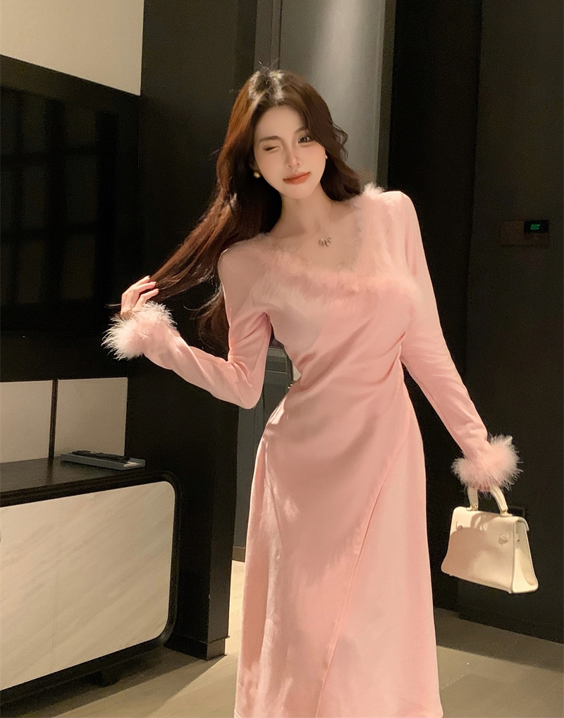 Actual shot of autumn and winter petite pink knitted dress with fluffy stitching and elegant bottoming long skirt