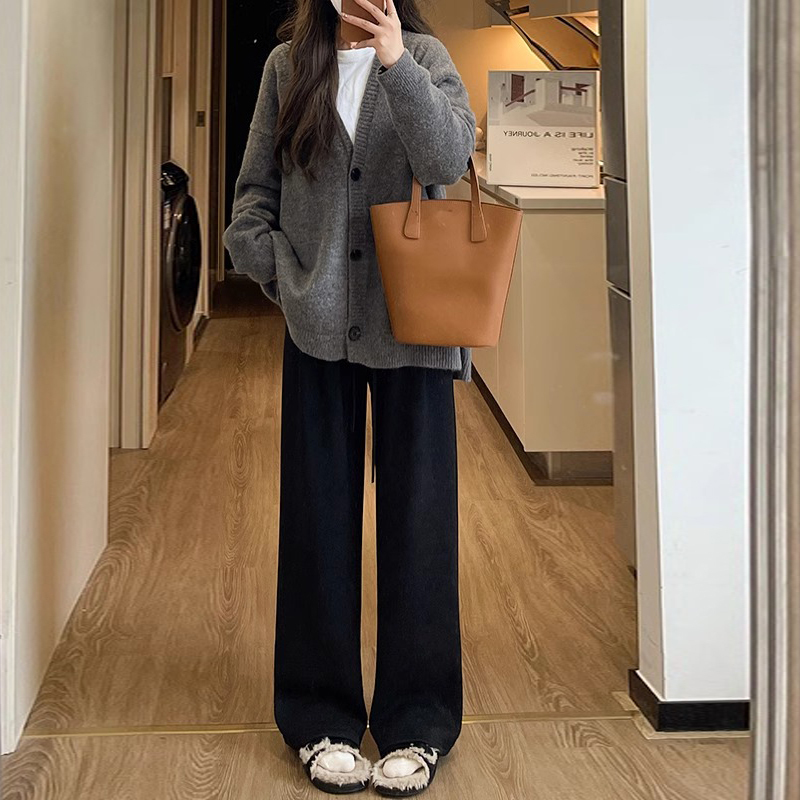 Velvet thickened straight narrow wide-leg pants for women autumn and winter 2023 new small high-waisted glutinous rice trousers