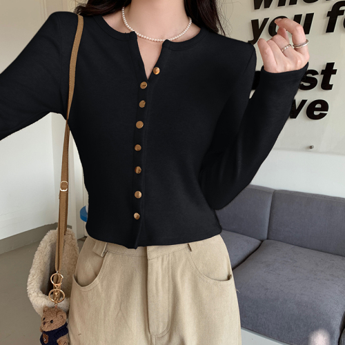 Actual shot#European cashmere button long-sleeved T-shirt for women autumn and winter bottoming shirt for women with cardigan short top