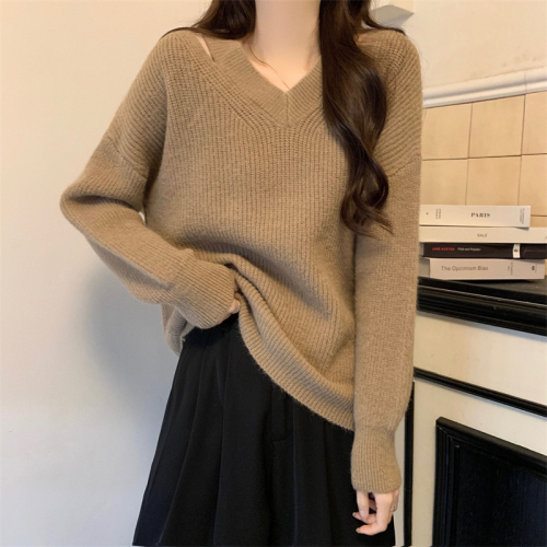 Actual shot of new version of Korean-style design V-neck loose long-sleeved pullover sweater