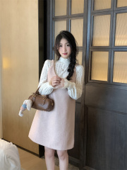 Real shot~ Soft and sweet woolen thick pearl strap dress + lace round neck undershirt two sets 