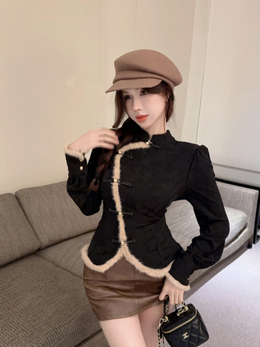 Real shot!  New Chinese style long-sleeved shirt for women plush splicing design irregular button top 2387