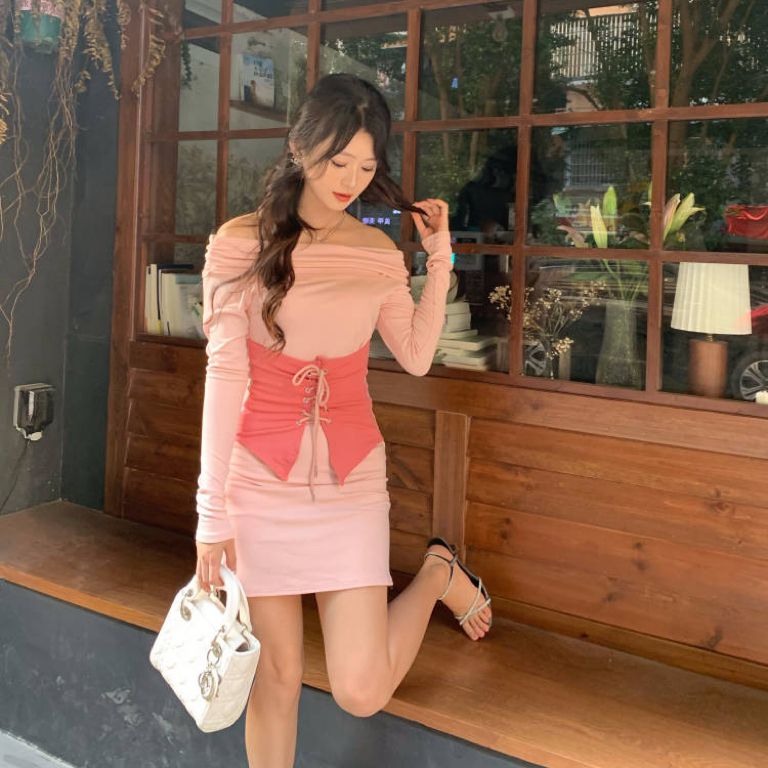 Hot girl sexy one-shoulder figure-hugging dress for women spring pure desire long-sleeved off-shoulder tight waist skirt