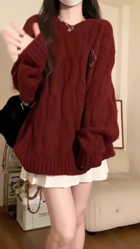 Simple Christmas New Year Red Sweater Women's Autumn and Winter New Loose Twist Knitted Sweater Lazy Style Thick Top