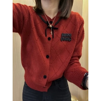 French bow beaded sequined sweater for women 2023 autumn and winter fashion slimming red small fragrant short cardigan