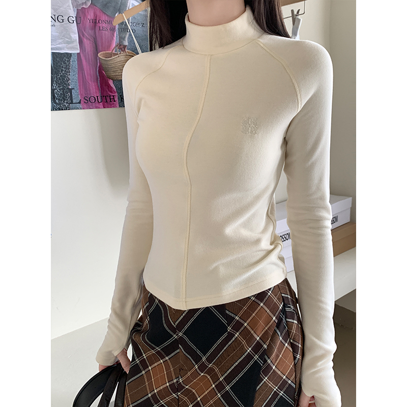 Real shot of American German velvet stitching autumn and winter bottoming shirt 2023 half turtleneck slim fit embroidered warm long-sleeved inner T-shirt