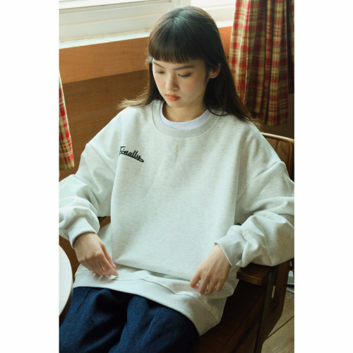 Hong Kong style chic super nice floral gray letter sweatshirt for women spring and autumn thin style loose temperament casual versatile top trendy