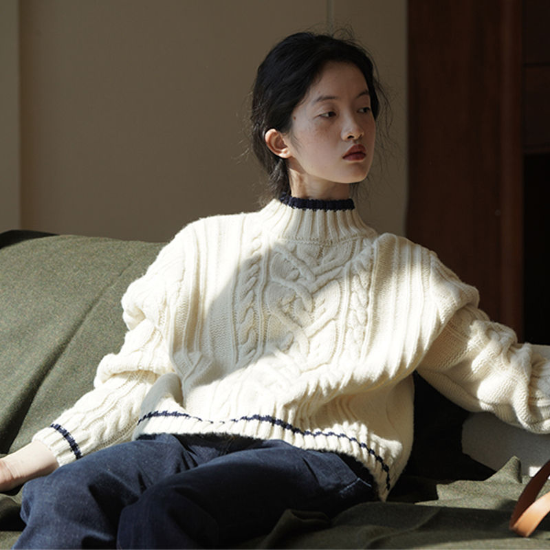 Early autumn French half turtleneck sweater for women, twist knitted sweater, loose inner layer, soft and waxy temperament, thick top