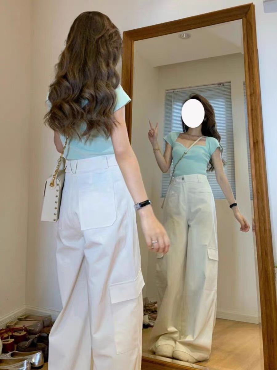 法式方領正肩綠色短袖針織T恤女夏季修身辣妹短款緊身甜辣小上衣