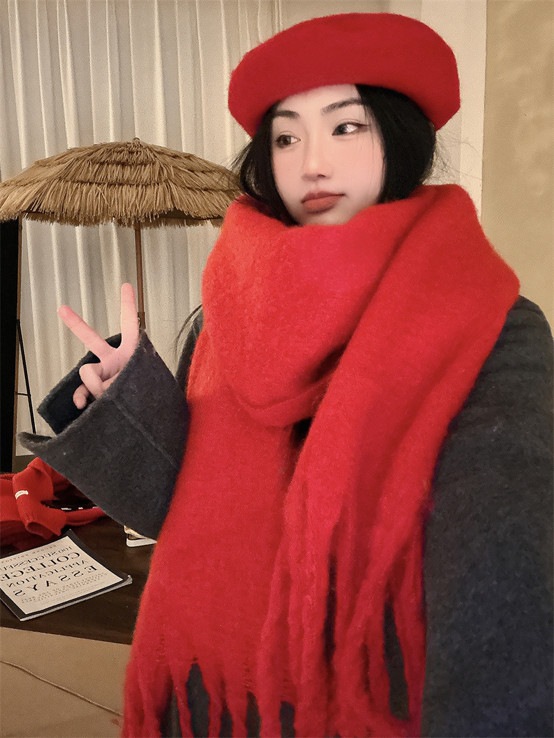 實拍紅色圍巾女冬季過年禮針織格子毛線圍脖加厚保暖情侶