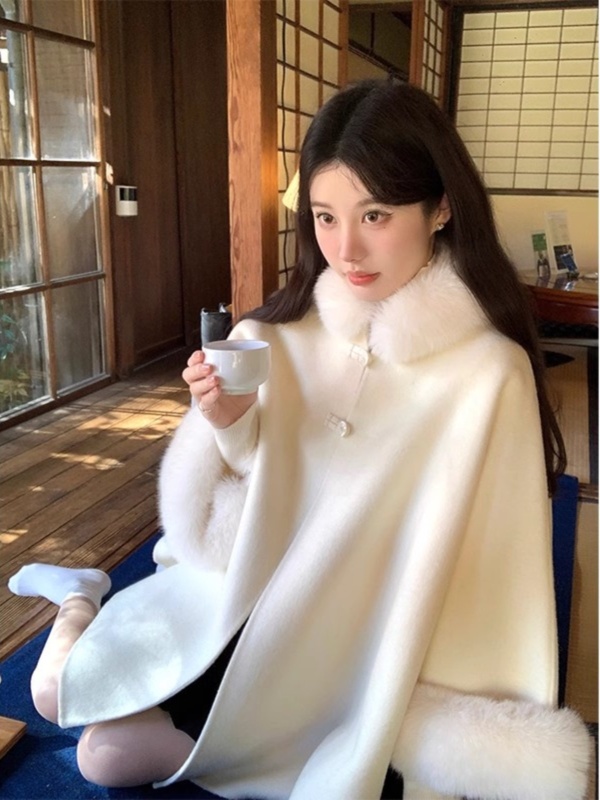 VASSE 復古白色可拆卸毛領雙面羊毛毛呢大衣女小個子斗篷呢子外套