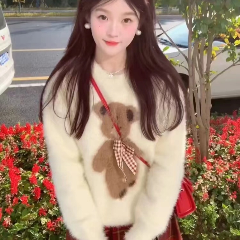 Apricot Mink Bear Furry Sweater Women's 2023 Winter Bow Mohair Outerwear Knitted Sweater Top