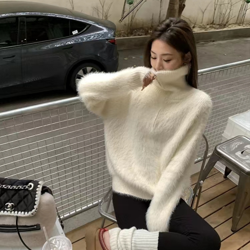 Sweet girly style furry turtleneck sweater jacket for women winter new design mid-length age-reducing top for women