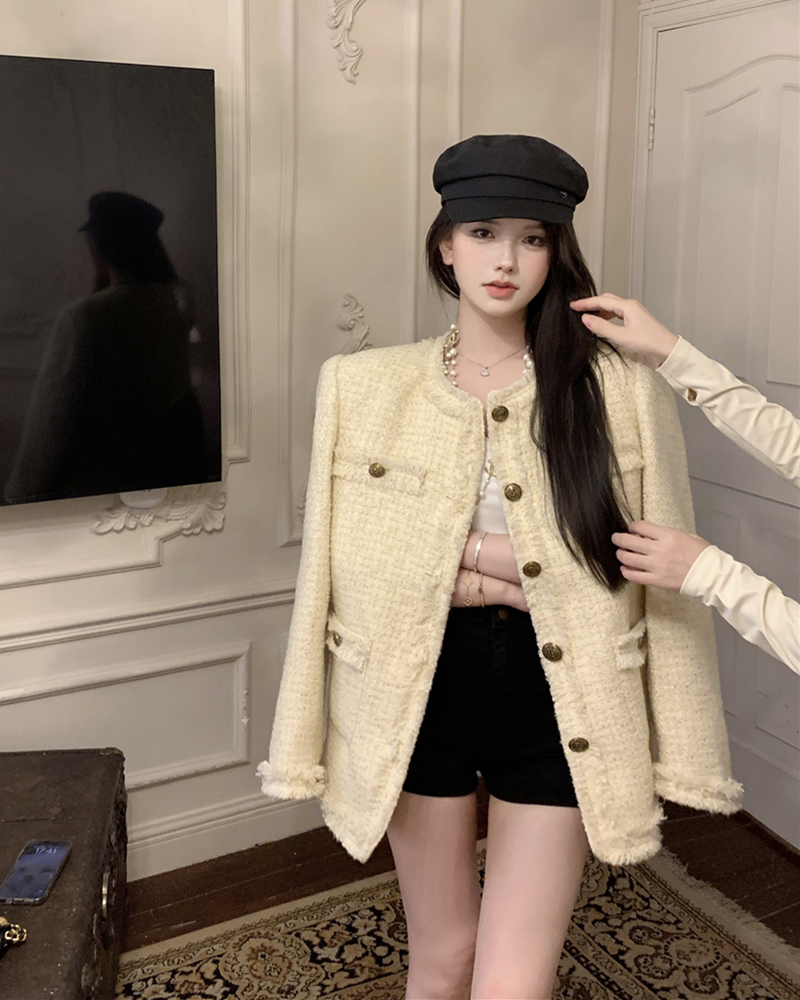 Actual shot of autumn clothing, retro hand-brushed small fragrant style retro button tweed jacket for women