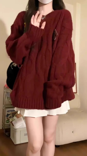 Simple Christmas New Year Red Sweater Women's Autumn and Winter New Loose Twist Knitted Sweater Lazy Style Thick Top