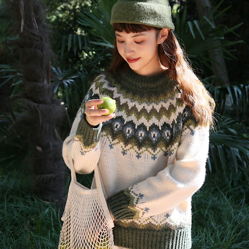 Green Retro Fair Isle Sweater Women's Autumn and Winter Soft and Lazy Loose Knitted Sweater Top