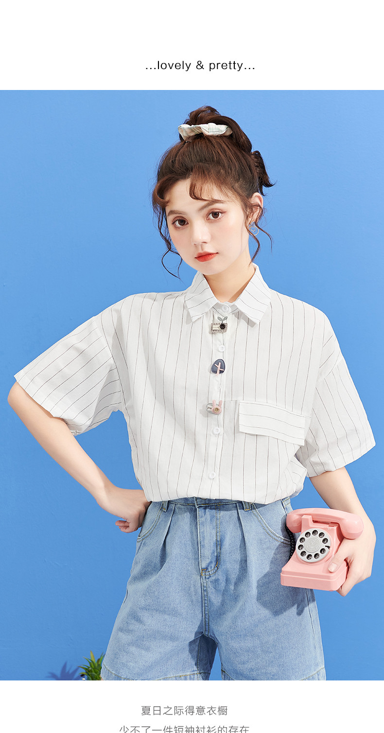 2023夏新款豎條紋短袖白襯衫女寬鬆少女學生純棉卡通紐扣襯衫上衣