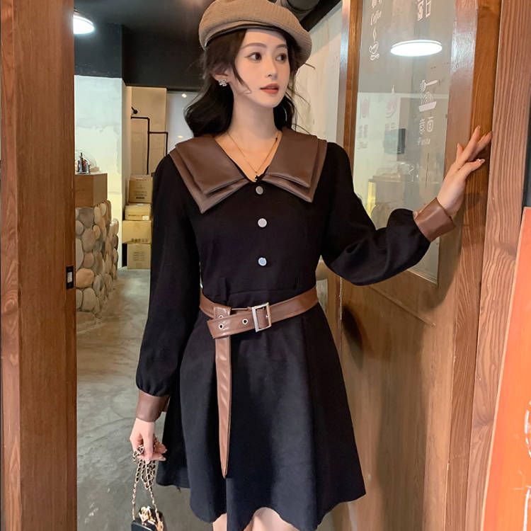 Fashionable retro PU leather doll collar slimming corduroy little black dress autumn and winter large size belly-covering slimming waist dress