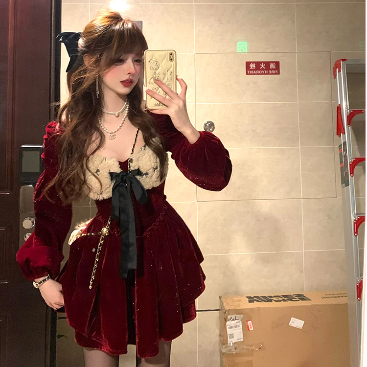 Spray silver Korean velvet 300g Christmas style niche dress 2024 red fine glitter gold style shirt skirt