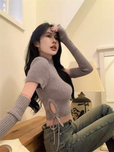 Real shot of Christmas red short-sleeved sweater for women in autumn and winter pure lust hottie sleeve top sweater