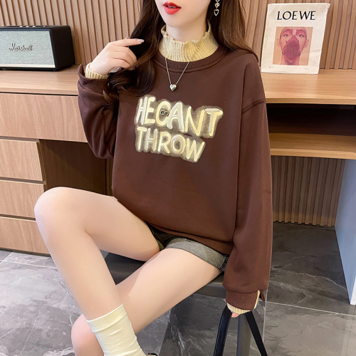 Real shot of Chinese cotton composite real super velvet thickened fake two-piece embroidered sweatshirt for women autumn and winter warm tops plus size women's clothing