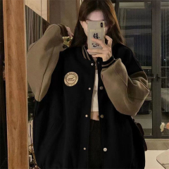 Covered shoulder collar, embroidery, contrasting color cardigan, spring and autumn baseball uniform jacket, thin Chinese cotton/velvet