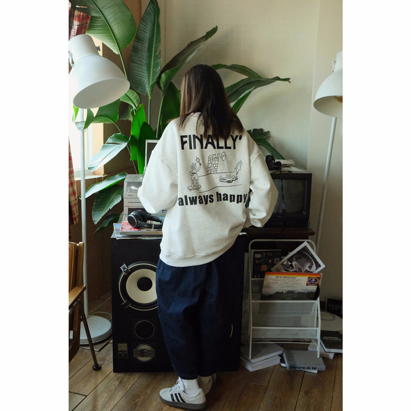 Hong Kong style chic super nice floral gray letter sweatshirt for women spring and autumn thin style loose temperament casual versatile top trendy
