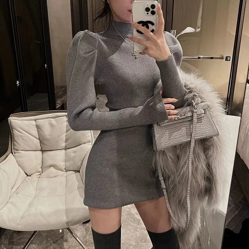 Hip-covering dress, puff-sleeved waist skirt, long-sleeved slim-fitting bottoming skirt, short skirt