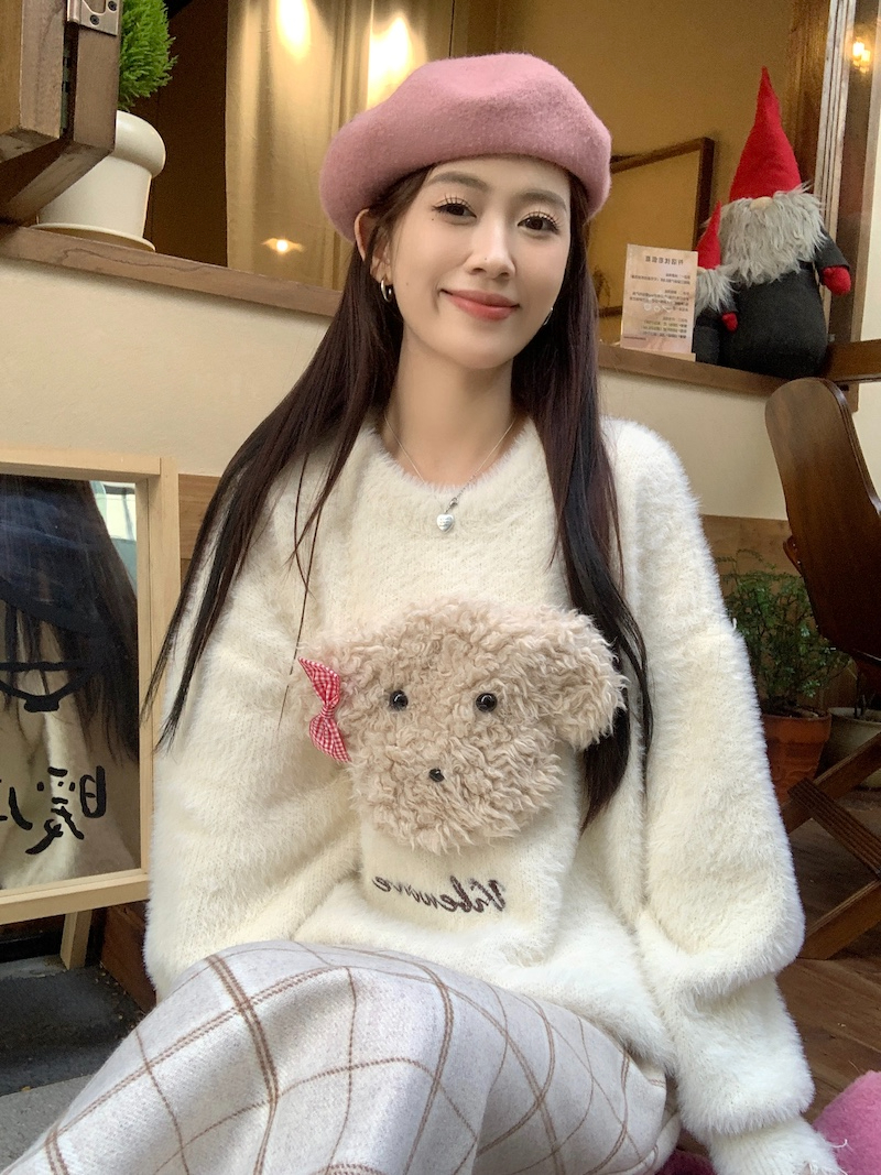 Cartoon plush bear three-dimensional imitation mink sweater for women in autumn and winter loose lazy style soft waxy sweater top