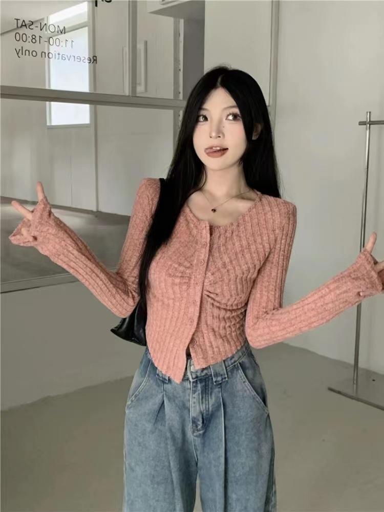 Original quality spring and autumn pure lust style sweet and spicy cardigan slim top pink short irregular style