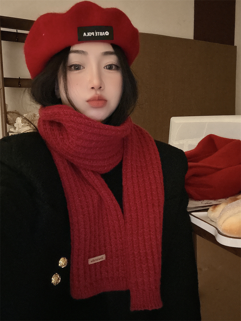 實拍紅色圍巾女冬季過年禮針織格子毛線圍脖加厚保暖情侶
