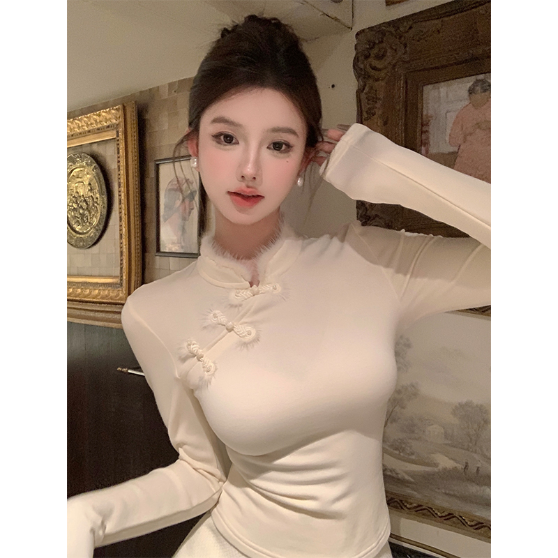 Actual shot of new Chinese style plush bottoming shirt for women winter long-sleeved slim inner top