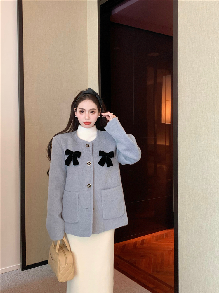 Real shot!  Socialite style small fragrant bow soft and waxy loose cotton woolen jacket top