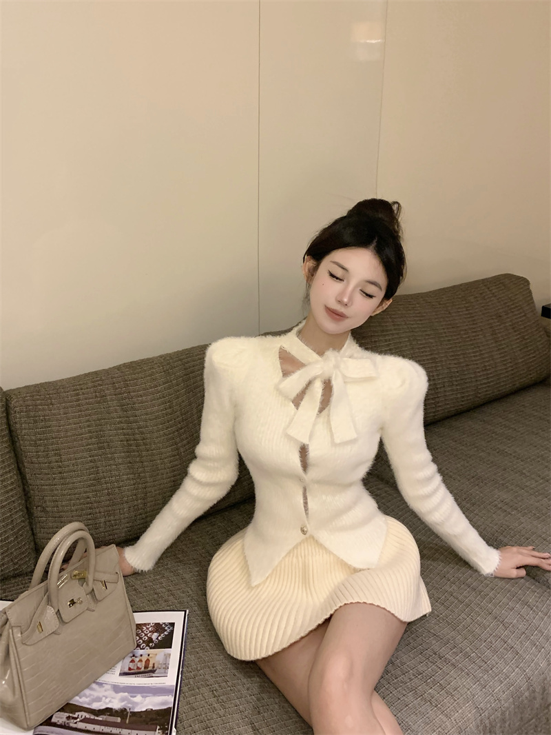 Actual shot of mink fur slim fit buttoned V-neck sweater with lace-up bow